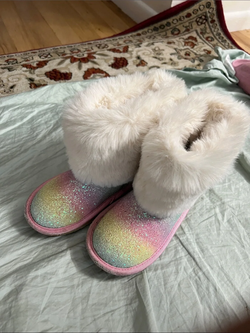 The Children's Place Pink Rainbow Glitter Faux Fur Kids Boots